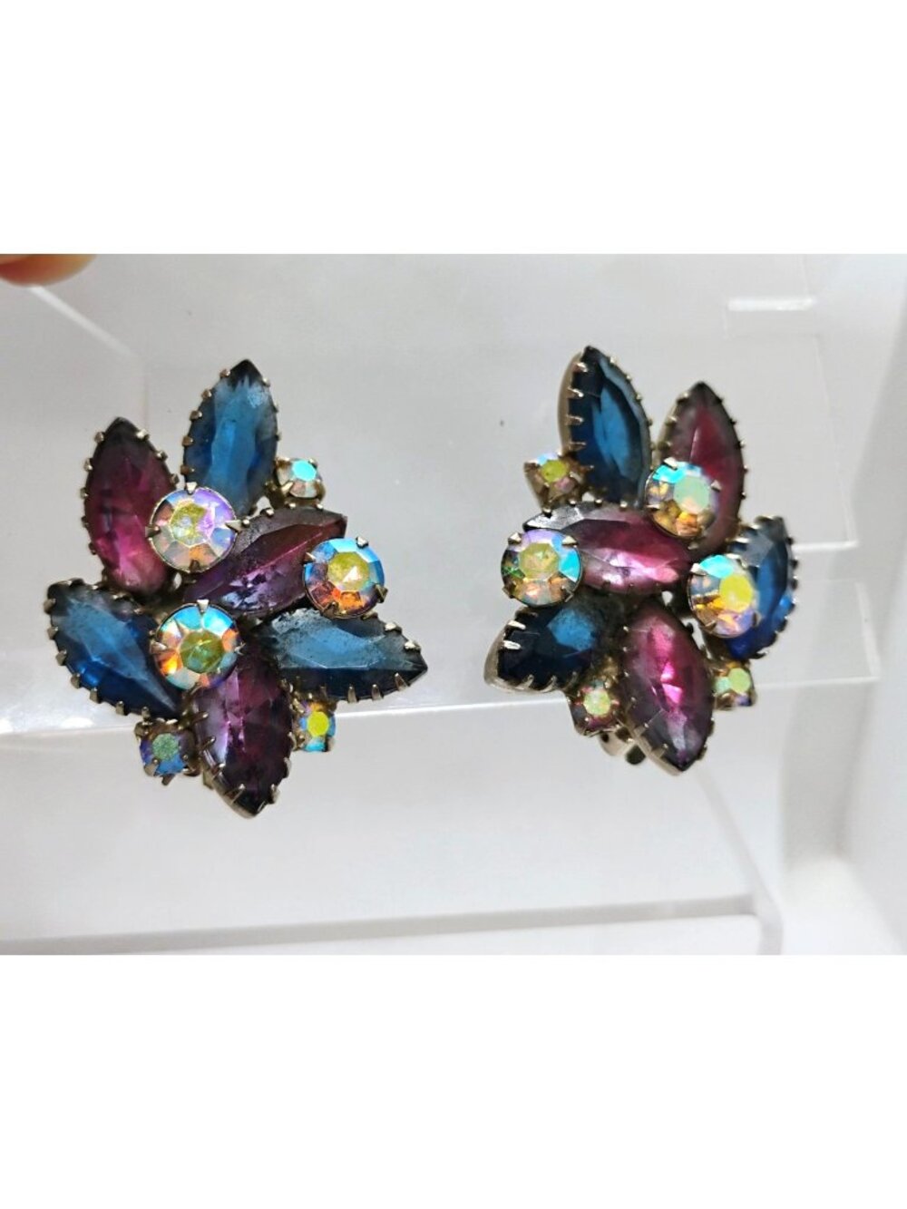 Vtg DeLizza & Elster Juliana Purple Blue Navette AB Rhinestone Clip On Earrings